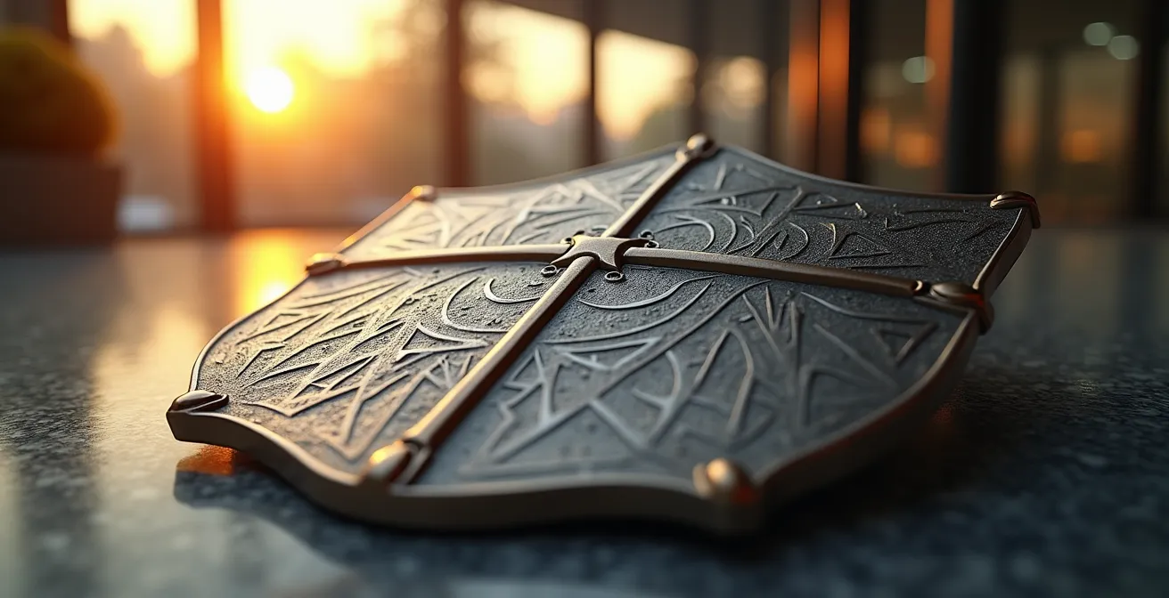 Composition symbolique avec un bouclier métallique brillant reflétant la lumière