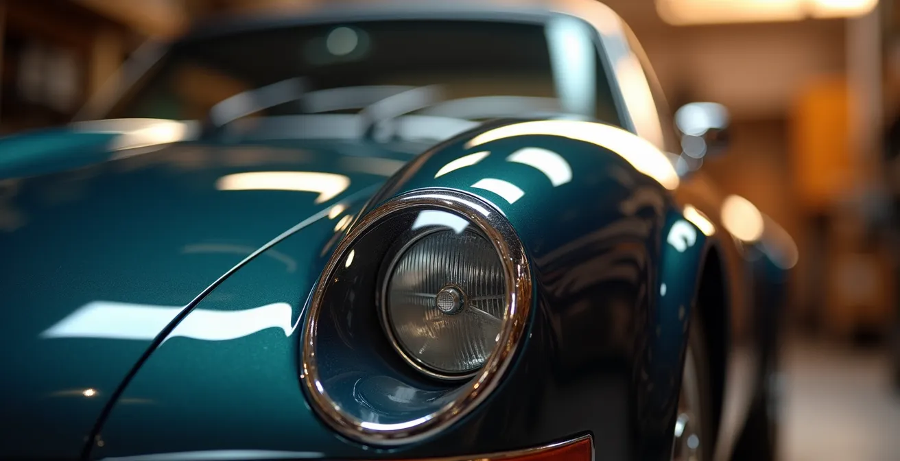 Vue macro d'une finition automobile impeccable montrant la qualité du reconditionnement