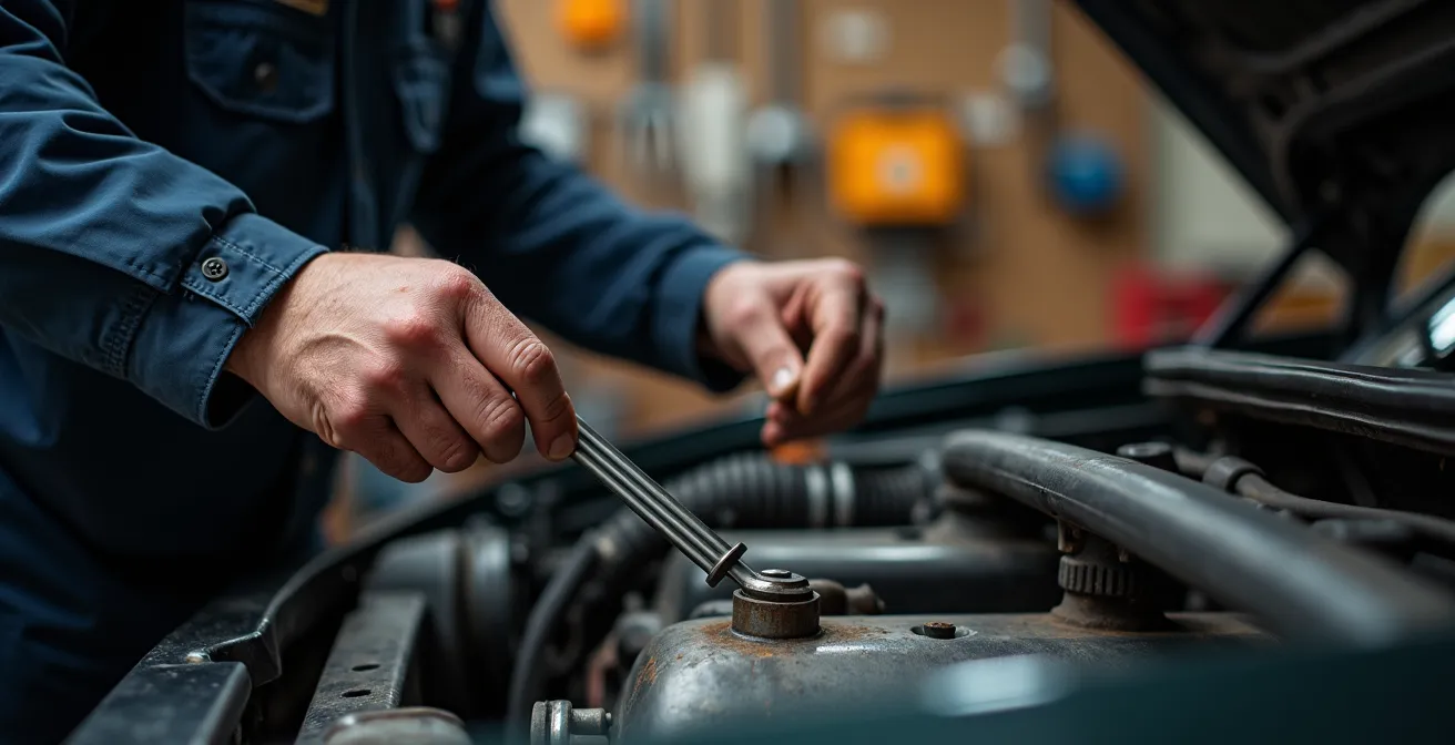 Gros plan sur les mains expertes d'un mécanicien inspectant minutieusement un compartiment moteur