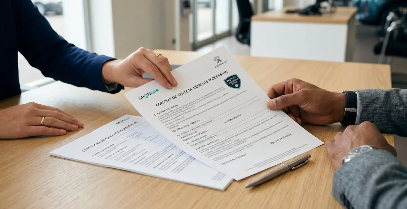 Gros plan sur des documents de vente et certificat de garantie Spoticar posés sur un bureau de concession, mains d'un conseiller et d'un client échangeant les papiers, texte en français lisible attestant de la protection légale