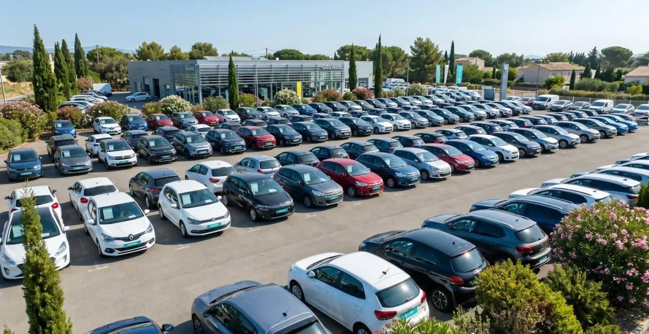 Vue aérienne d'un parc de véhicules d'occasion d'une concession GGS Auto dans l'Hérault, rangées organisées de voitures de différents modèles et couleurs certifiées Spoticar, bâtiment moderne en arrière-plan, lumière méditerranéenne